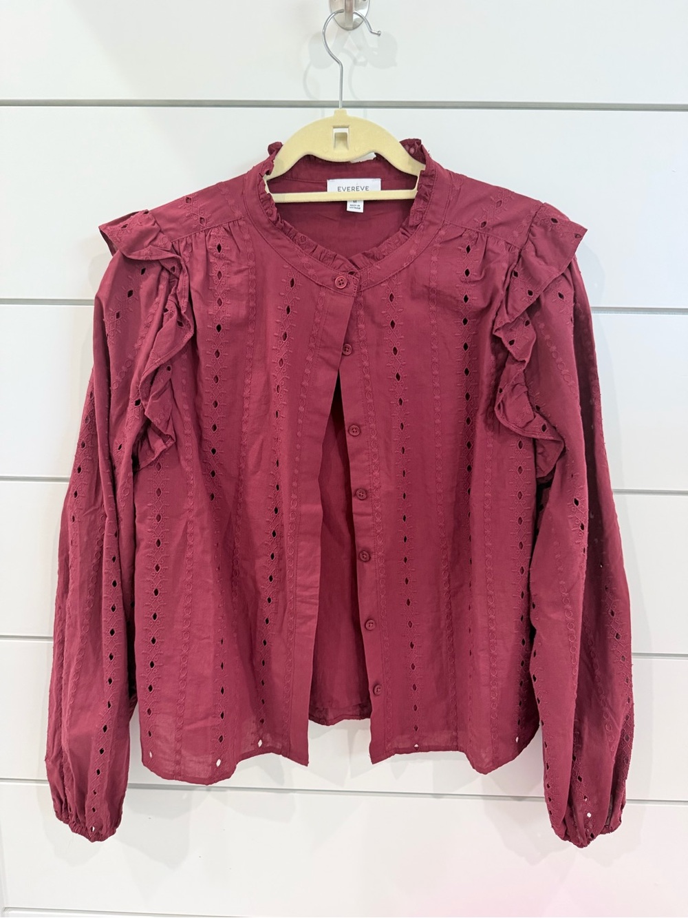 Evereve Burgundy Eyelet Ruffle Button-Down Blouse